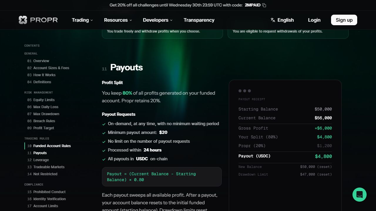 Propr公式ルールブック:PAYOUTS。確認箇所は下の番号付き解説を参照。